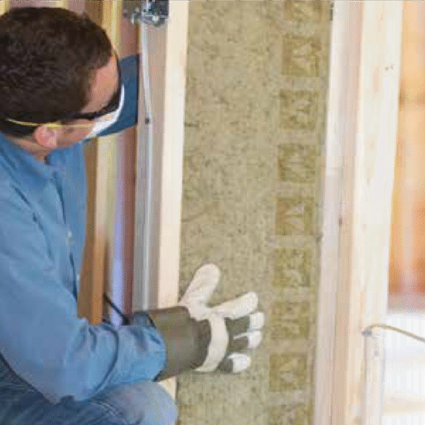 A person installing Rockwool soundproof insulation between wooden studs.